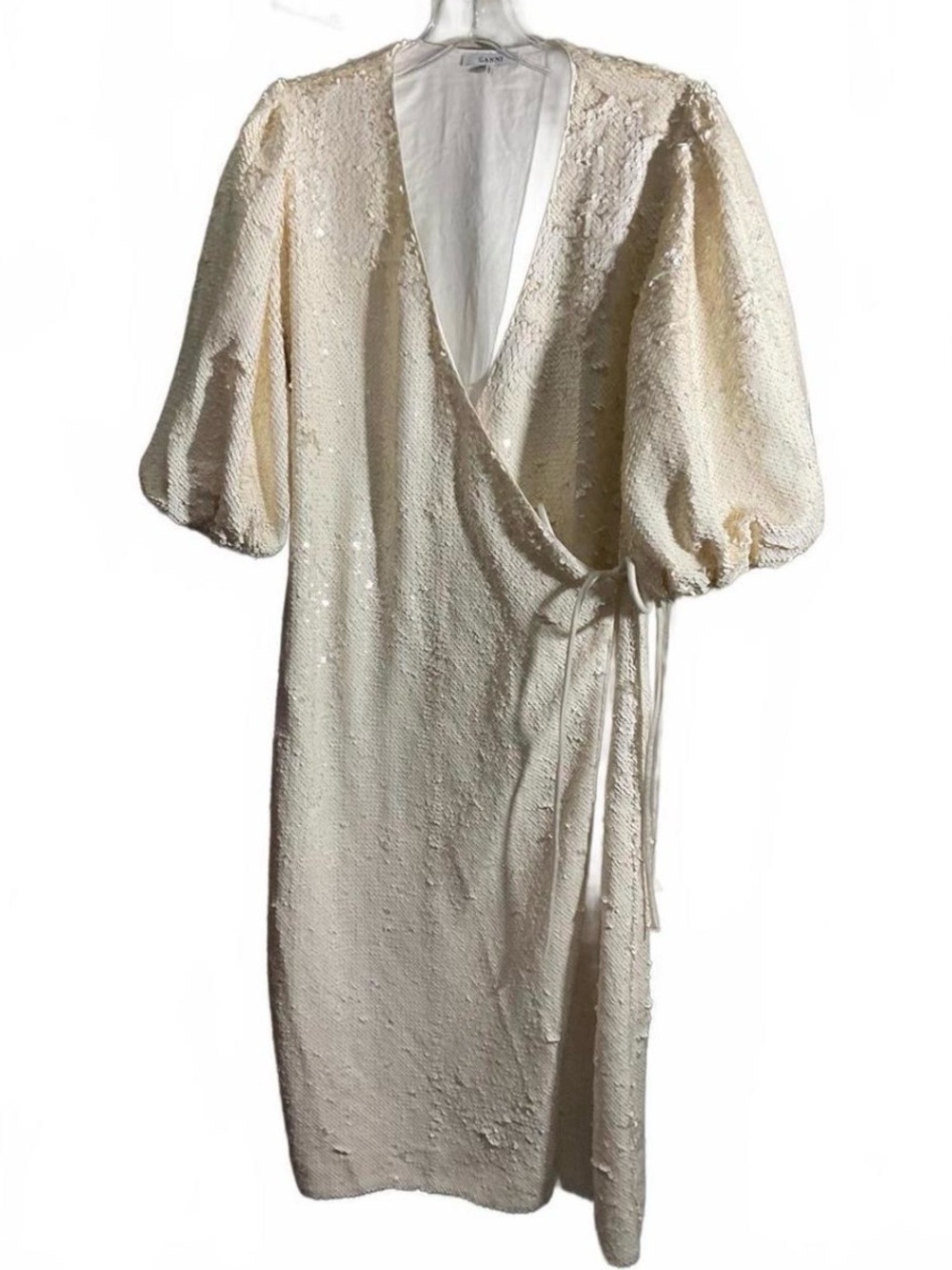 Ganni Cream Sequin Wrap Dress